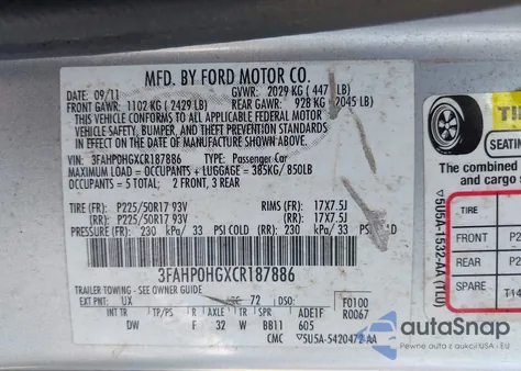 2012 Ford Fusion Se z USA, uszkodzony, nr VIN 3FAHP0HGXCR187886